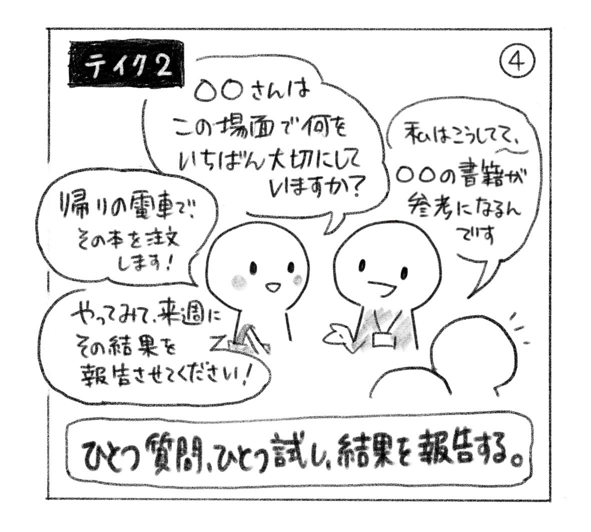 ④ テイク2。「この場面で何をいちばん大切にしていますか？」と聞き、参考になった書籍を教わる。「帰りの電車で、その本を注文します！」「やってみて、来週にその結果を報告させてください！」。「ひとつ質問、ひとつ試し、結果を報告する。」