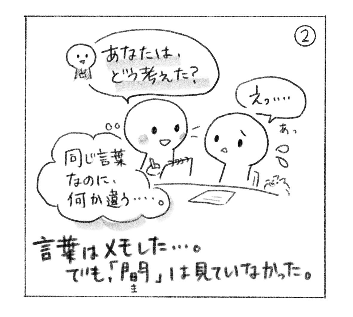 ② 師と同じ「あなたは、どう考えた？」を使うと、相手は「えっ……あっ」と戸惑う。「同じ言葉なのに、何か違う……。言葉はメモした……。でも、『間』は見ていなかった。」