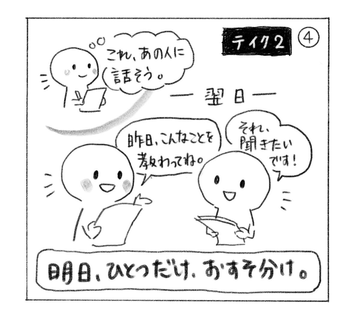 ④ テイク2。聞きながら「これ、あの人に話そう。」と思う。翌日「昨日、こんなことを教わってね。」と話すと「それ、聞きたいです！」。「明日、ひとつだけ、おすそ分け。」