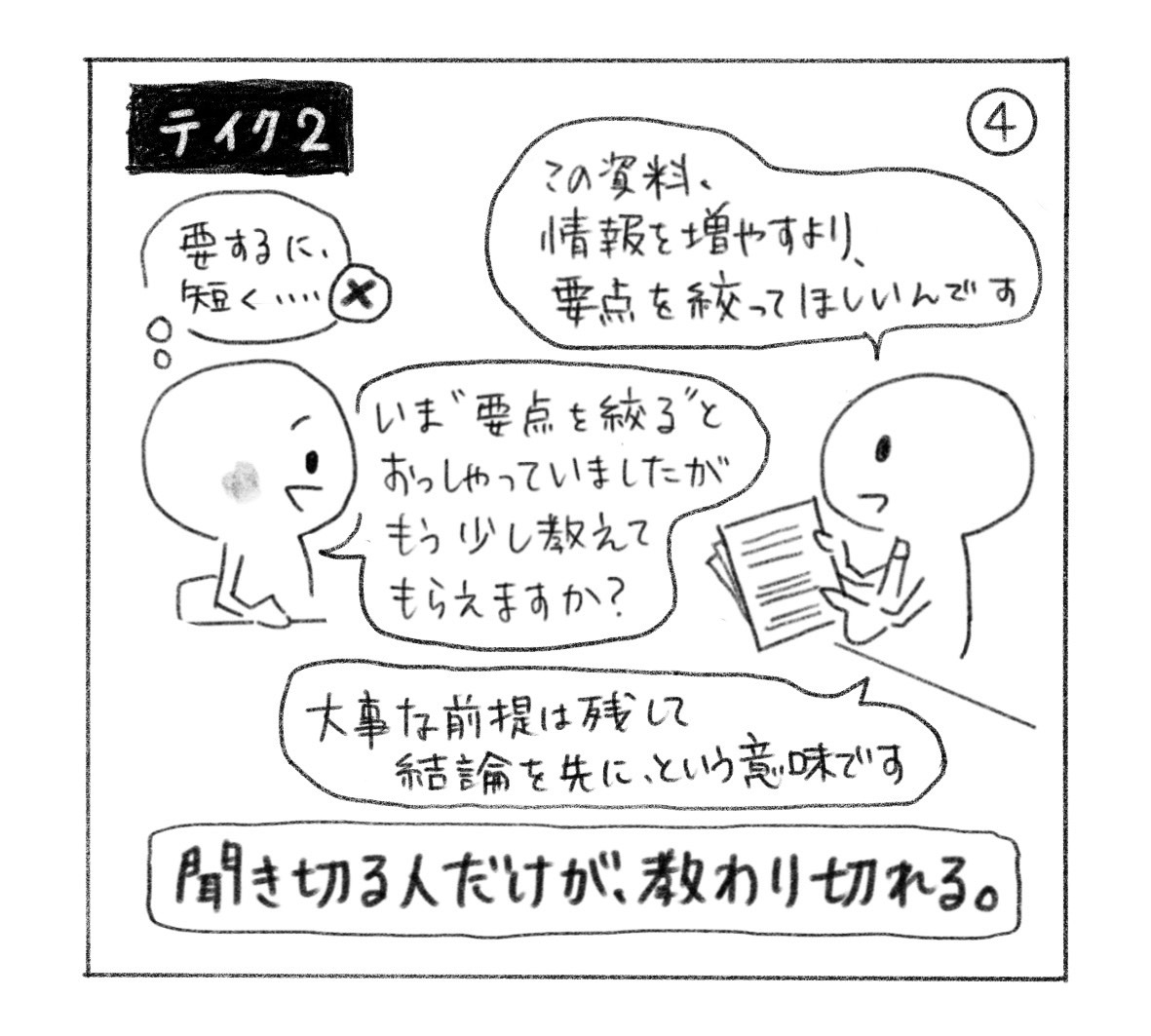 ④ テイク2。要約を急がず「いま『要点を絞る』とおっしゃっていましたが、もう少し教えてもらえますか？」と聞く。「大事な前提は残して結論を先に、という意味です」。「聞き切る人だけが、教わり切れる。」