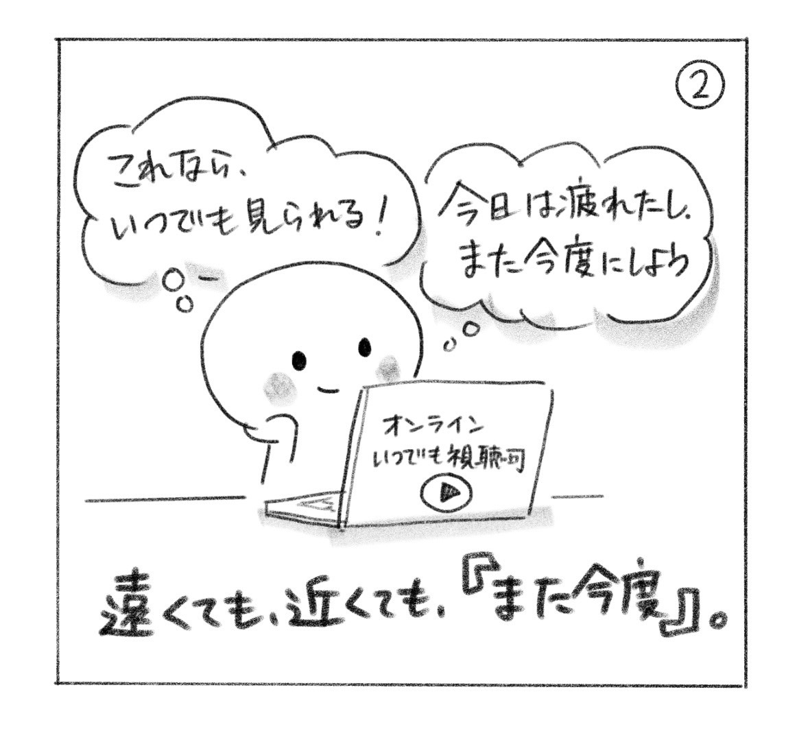 ② オンラインでいつでも視聴できると「これなら、いつでも見られる！」と思うが、「今日は疲れたし、また今度にしよう」。「遠くても、近くても、『また今度』。」