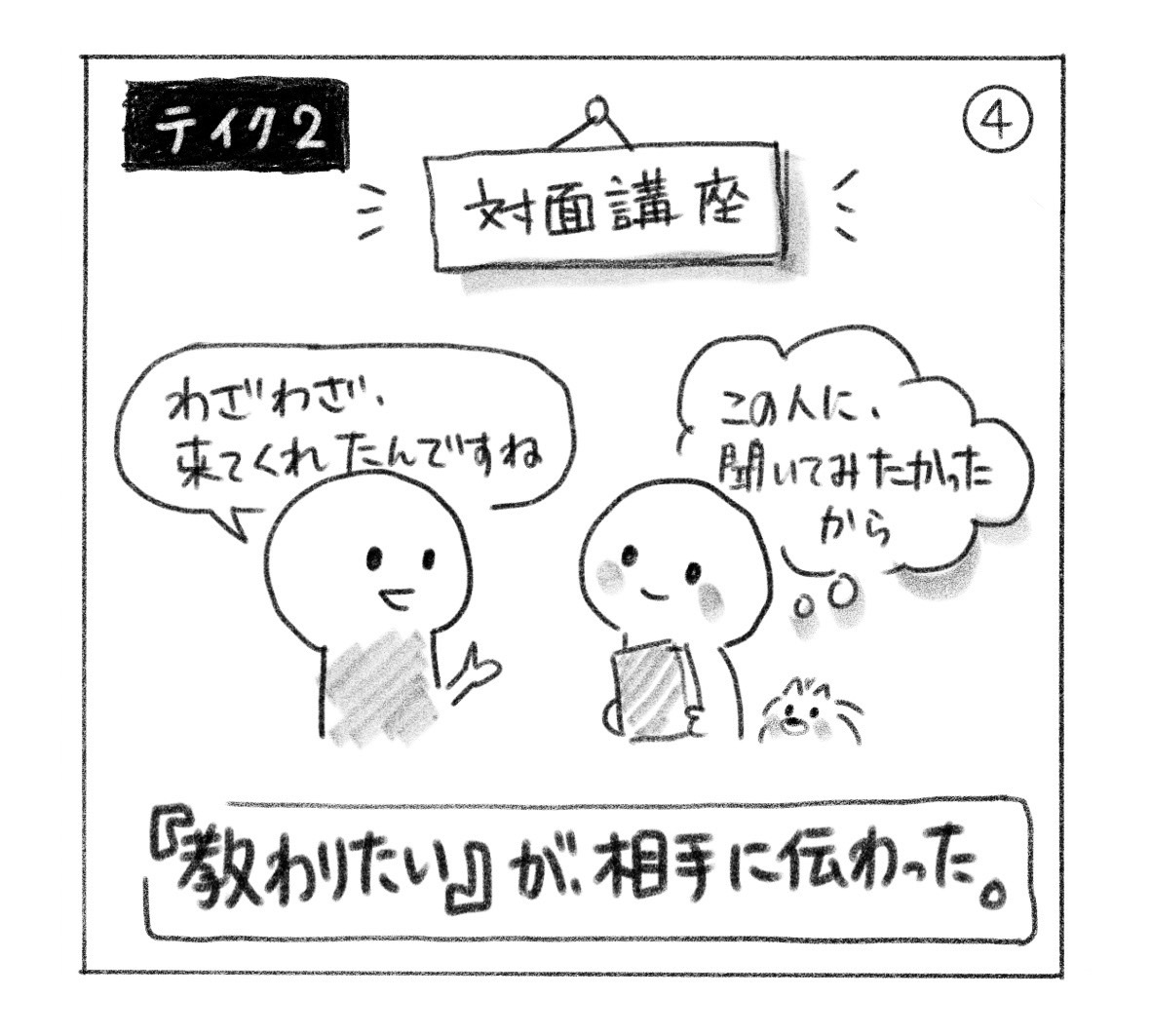 ④ テイク2。対面講座で「わざわざ、来てくれたんですね」と迎えられる。「この人に、聞いてみたかったから」と思う参加者。「『教わりたい』が、相手に伝わった。」