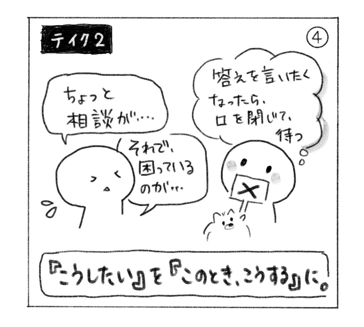 ④ テイク2。相談を聞き、答えを言いたくなったら、口を閉じて待つ。相手は「それで、困っているのが……」と話を続ける。「『こうしたい』を『このとき、こうする』に。」