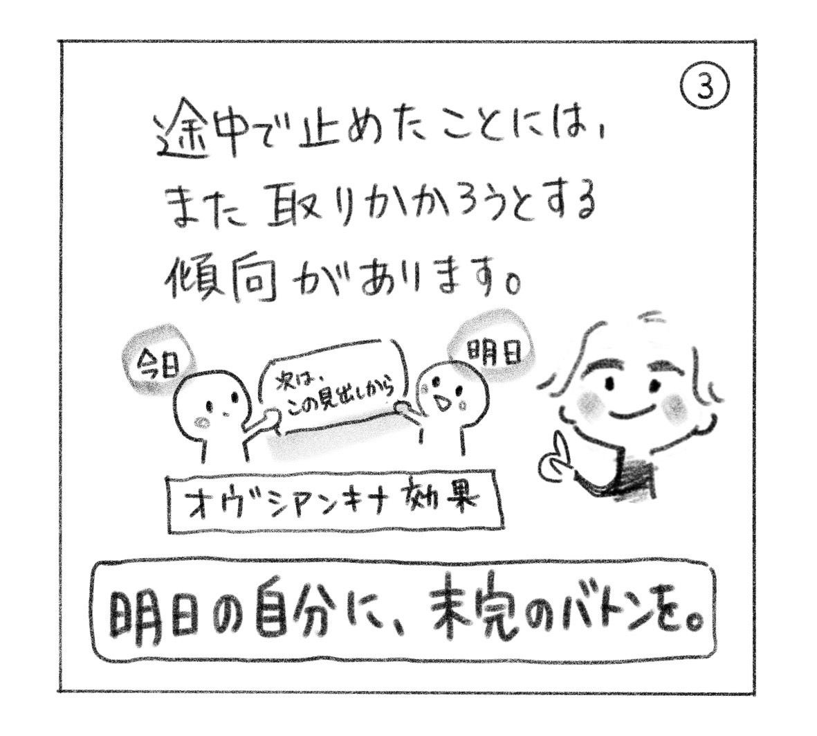 ③ 途中で止めたことには、また取りかかろうとする傾向がある。オヴシァンキナ効果。今日の自分から明日の自分へ「次は、この見出しから」と引き継ぐ。「明日の自分に、未完のバトンを。」