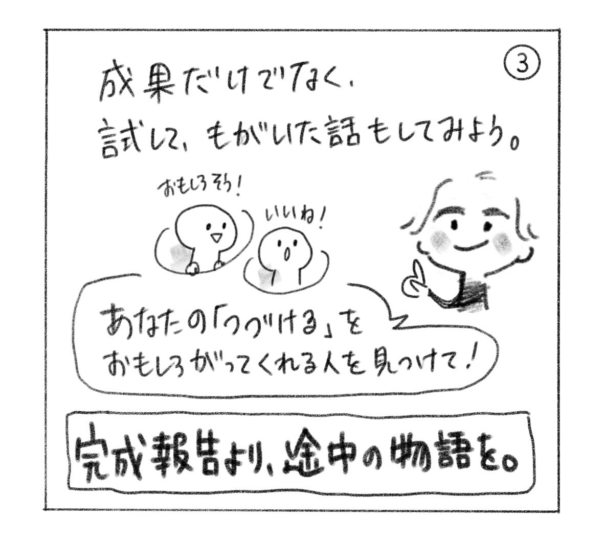 ③ 成果だけでなく、試して、もがいた話もしてみる。「おもしろそう！」「いいね！」と、あなたの「つづける」をおもしろがってくれる人を見つける。「完成報告より、途中の物語を。」