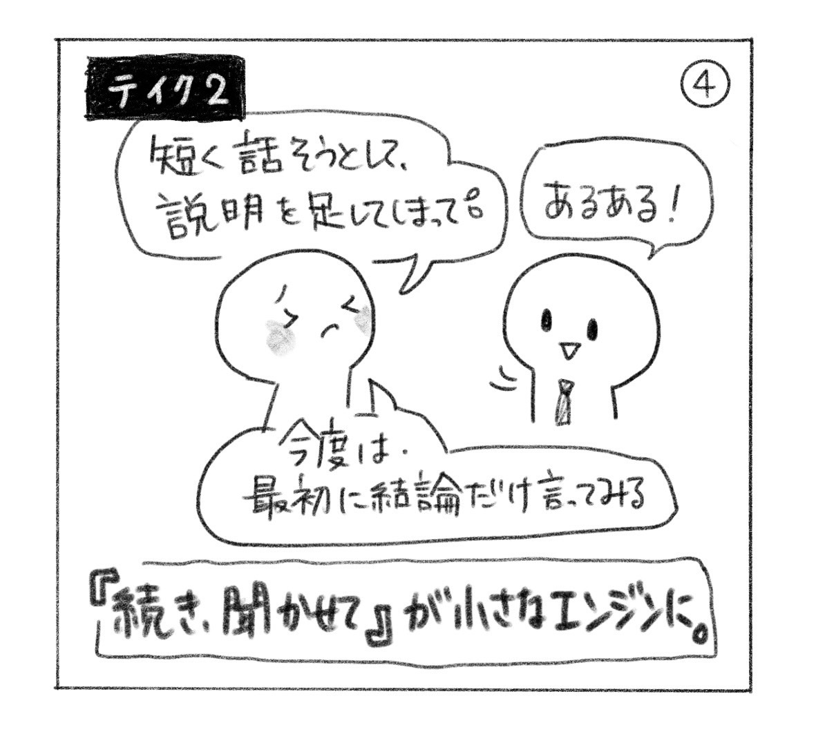 ④ テイク2。「短く話そうとして、説明を足してしまって」と話すと「あるある！」。「今度は、最初に結論だけ言ってみる」と次の試みを話す。「『続き、聞かせて』が小さなエンジンに。」