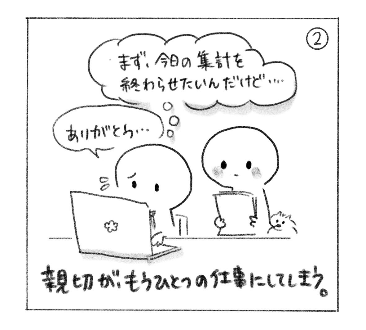 ② 相手は「ありがとう……」と言いながら、「まず、今日の集計を終わらせたいんだけど……」と思っている。「親切が、もうひとつの仕事にしてしまう。」