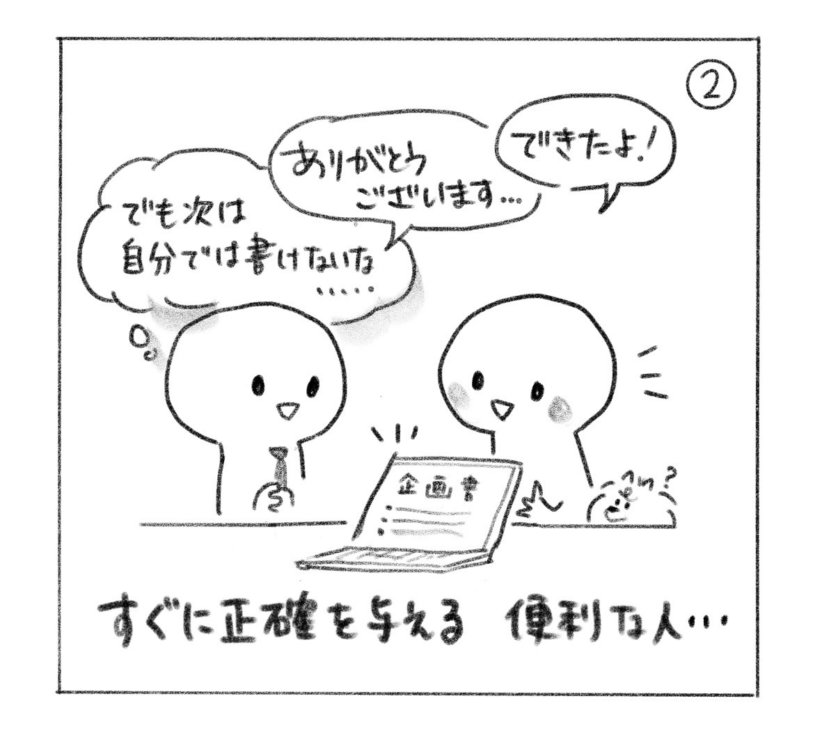 ② 企画書を仕上げて「できたよ！」と言うと、相手は「ありがとうございます……」と礼を言いながら、「でも次は、自分では書けないな……」と思っている。すぐに答えを与える便利な人になっている。