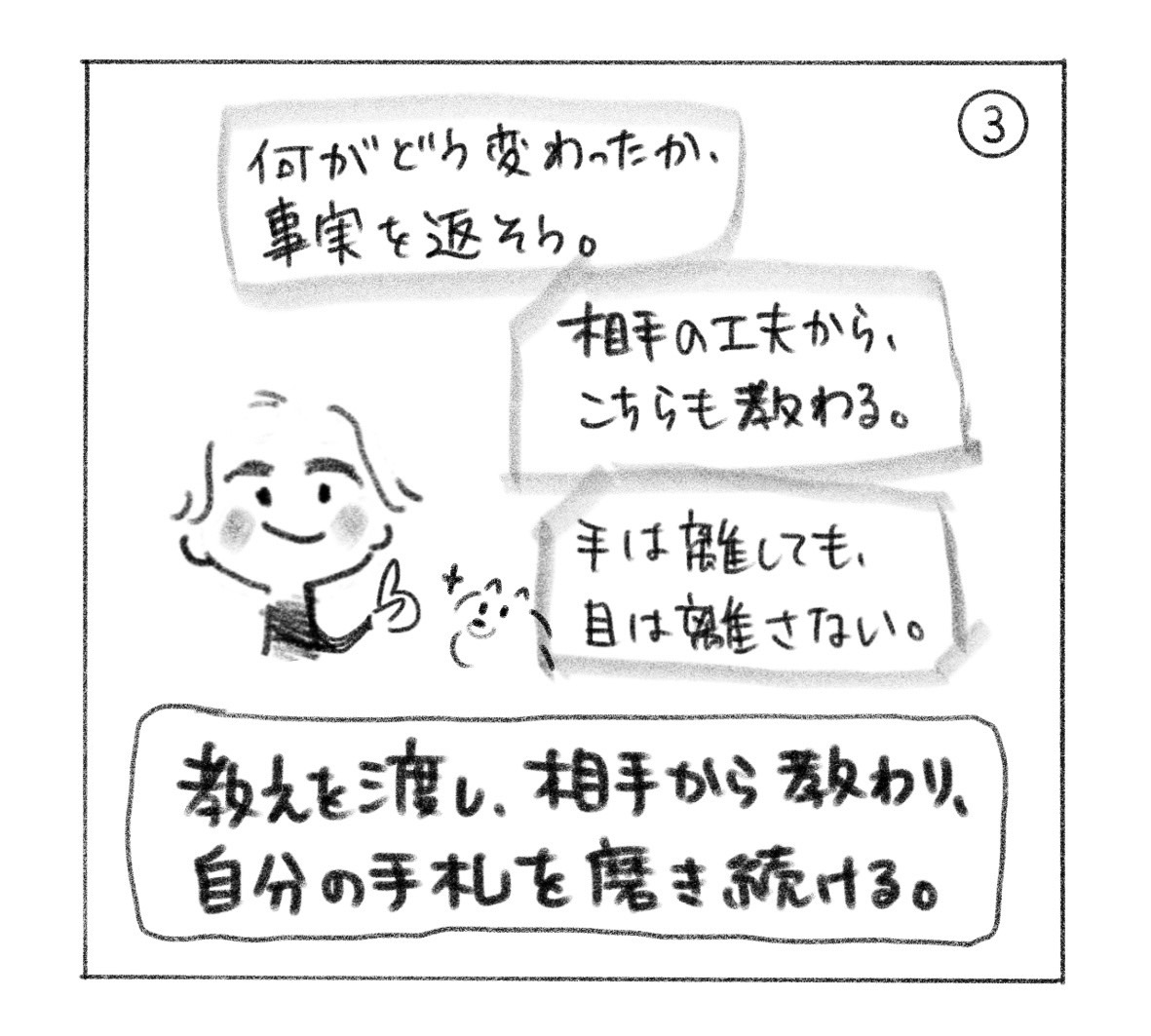③ 何がどう変わったか、事実を返す。相手の工夫からこちらも教わる。手は離しても、目は離さない。「教えを渡し、相手から教わり、自分の手札を磨き続ける。」