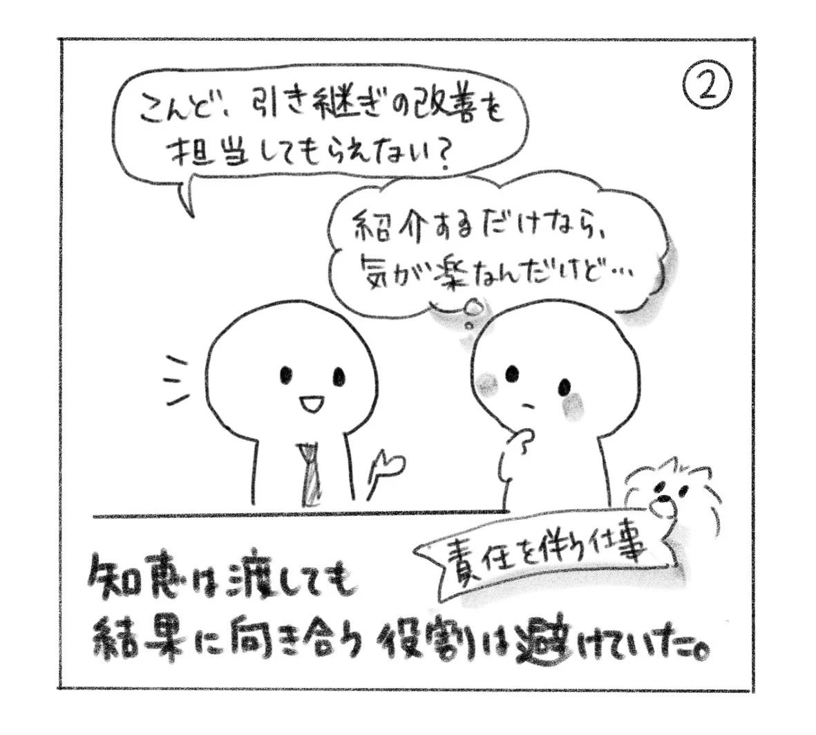 ②「こんど、引き継ぎの改善を担当してもらえない？」と頼まれ、「紹介するだけなら、気が楽なんだけど……」と迷う人。「責任を伴う仕事」。知恵は渡しても、結果に向き合う役割は避けていた。