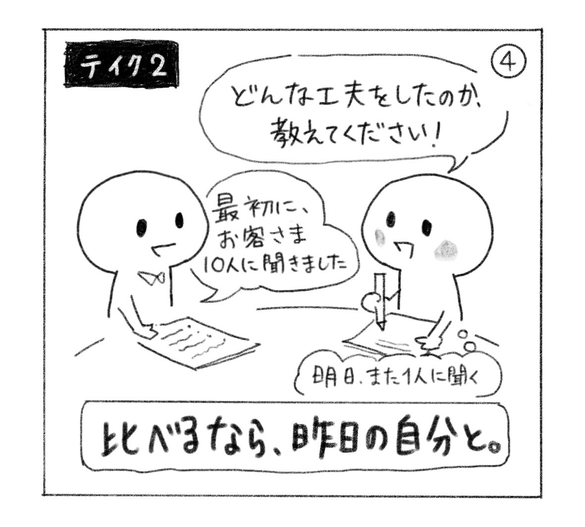 ④ テイク2。「どんな工夫をしたのか、教えてください！」と聞くと「最初に、お客さま10人に聞きました」。自分も明日、まず1人に聞こうとメモする。「比べるなら、昨日の自分と。」