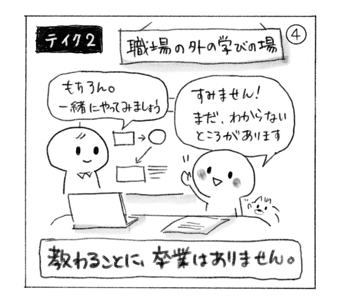 ④ テイク2。職場の外の学びの場で「すみません！ まだ、わからないところがあります」と伝えると、「もちろん。一緒にやってみましょう」。「教わることに、卒業はありません。」