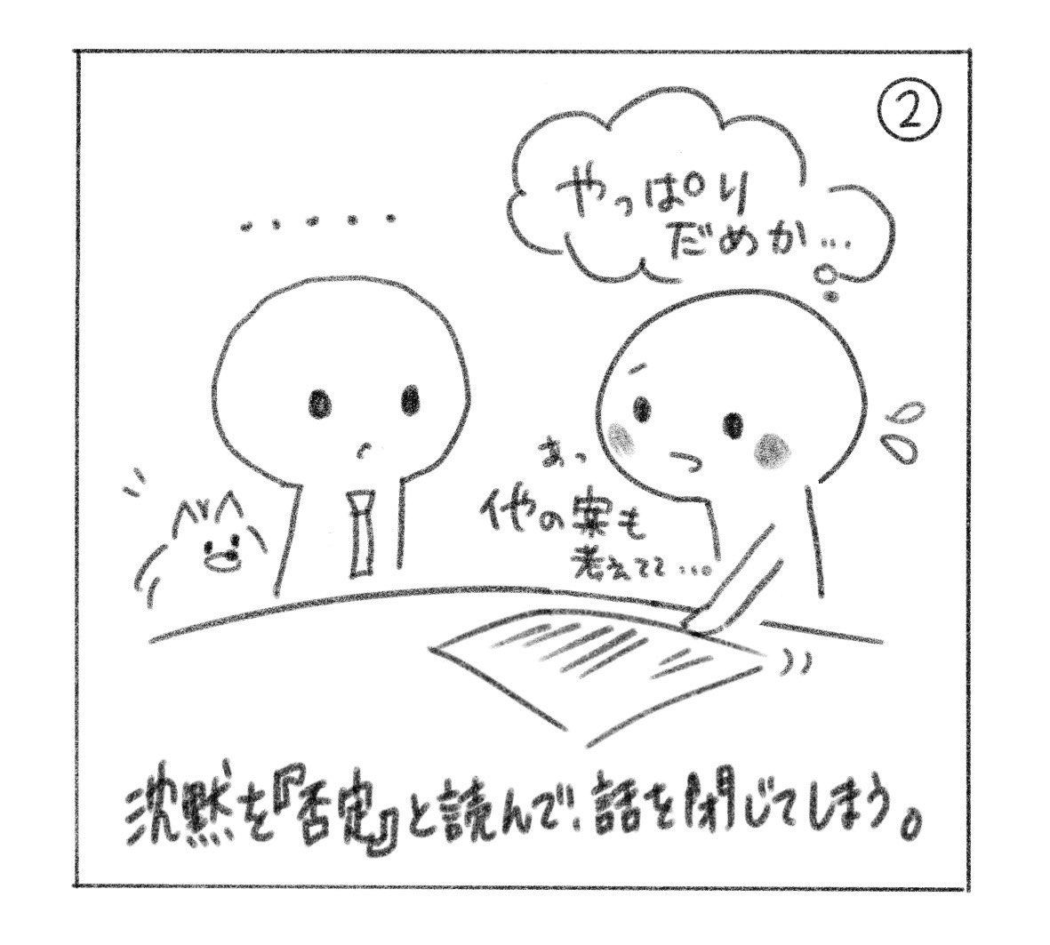 ② 沈黙を前に「やっぱりダメか……」と思い、「あっ、他の案も考えて……」と話を引っ込める。「沈黙を『否定』と読んで、話を閉じてしまう。」