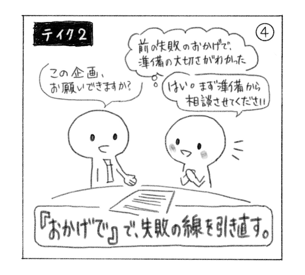 ④「前の失敗のおかげで、準備の大切さがわかった」と捉え直す。「この企画、お願いできますか？」に「はい。まず準備から相談させてください」と答える。「『おかげで』で、失敗の線を引き直す。」