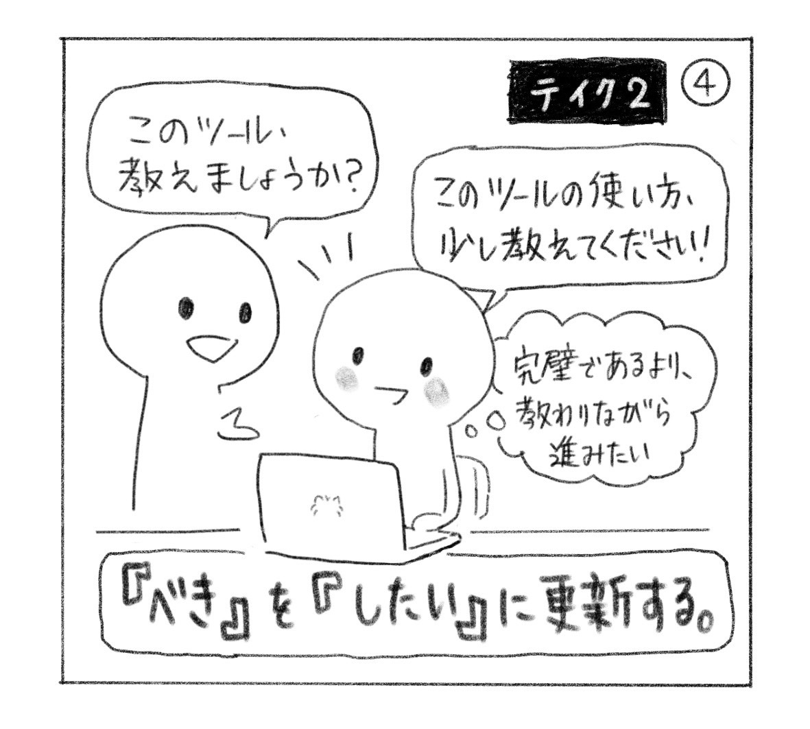 ④ テイク2。「このツールの使い方、少し教えてください！」と頼む。完璧であるより、教わりながら進みたいと思う人。「『べき』を『したい』に更新する。」