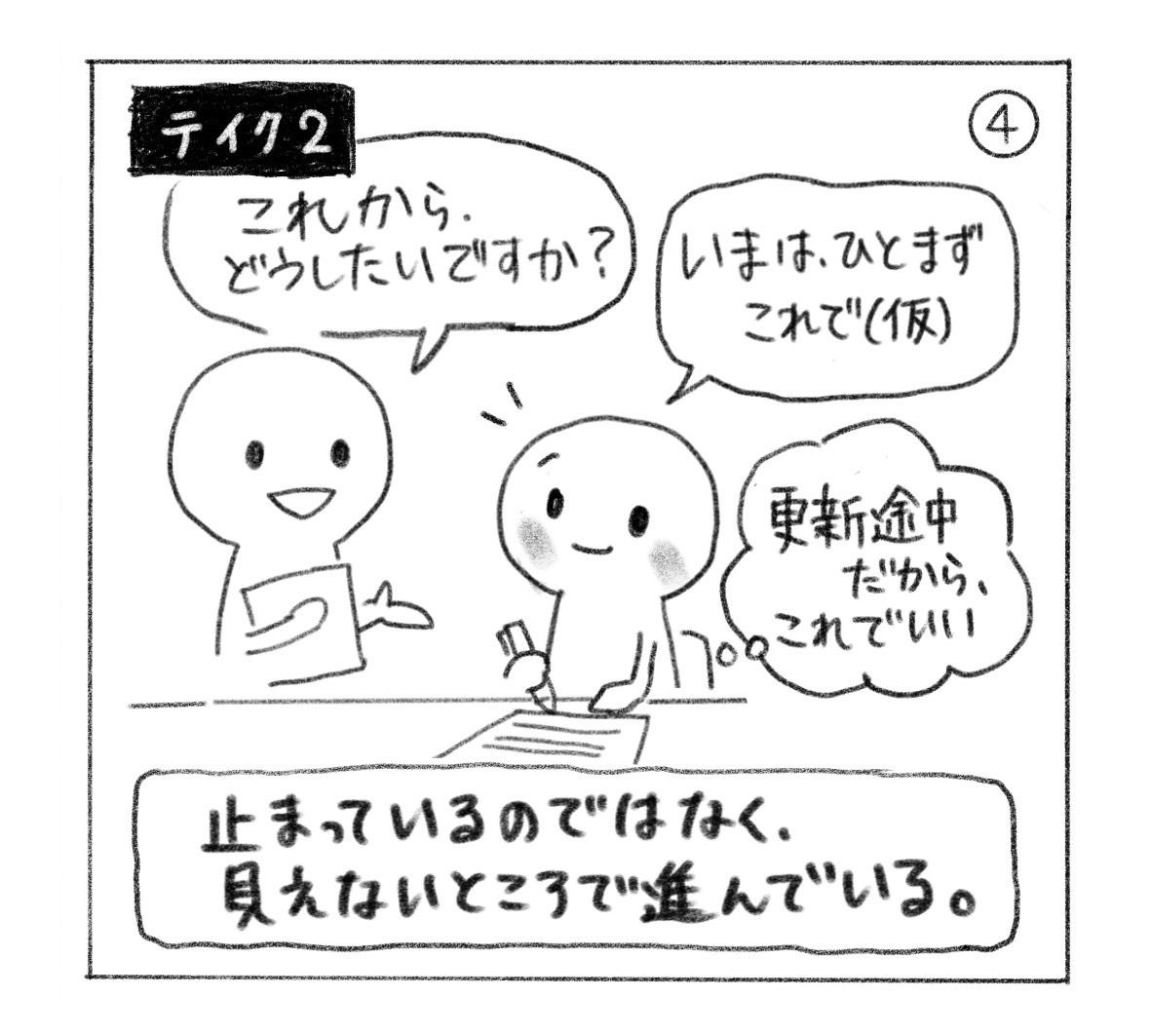 ④ テイク2。「いまは、ひとまずこれで（仮）」と答え、更新途中だからこれでいいと思う人。「止まっているのではなく、見えないところで進んでいる。」