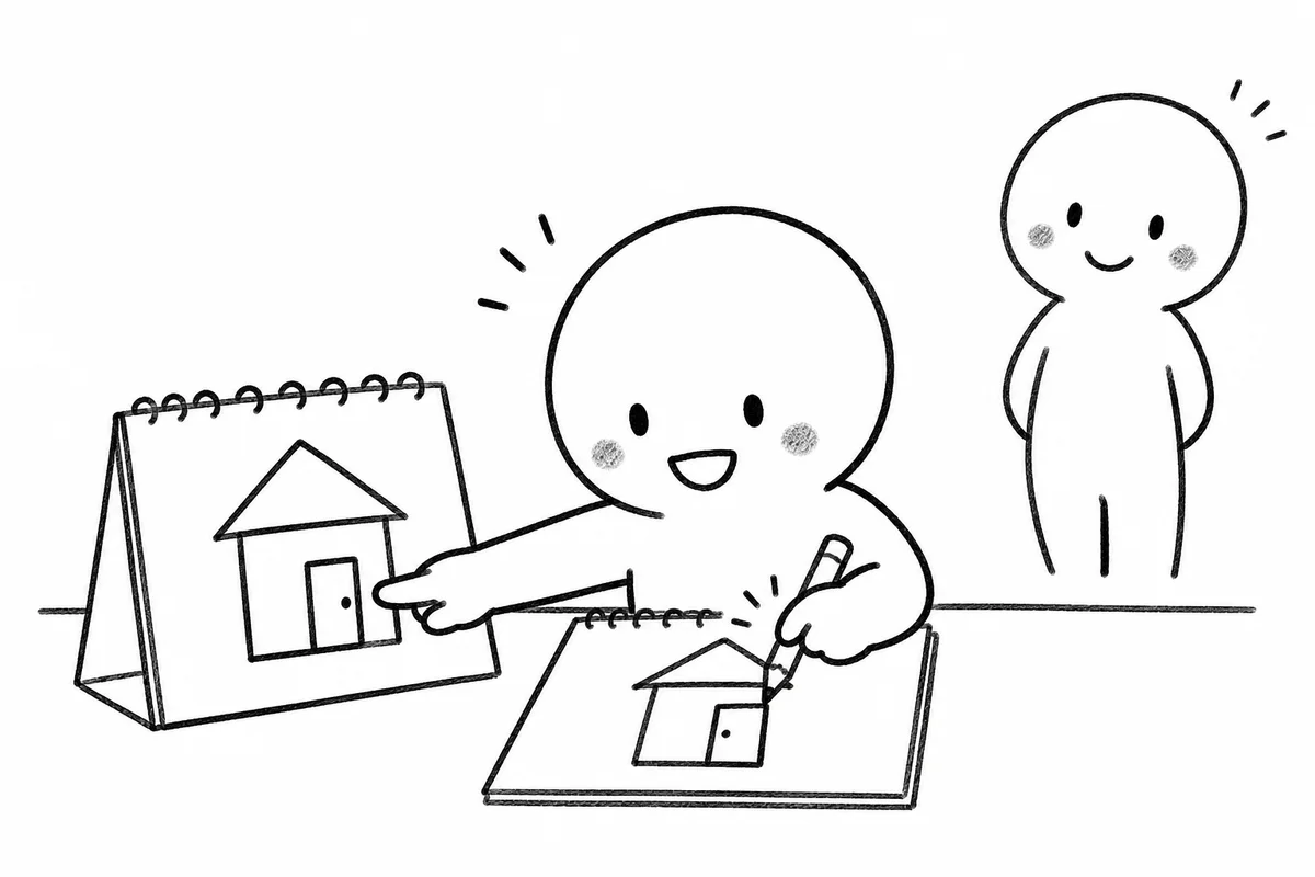 見本と自分の絵を見比べ、足りないドアを自分で描き足す学習者と見守る教師